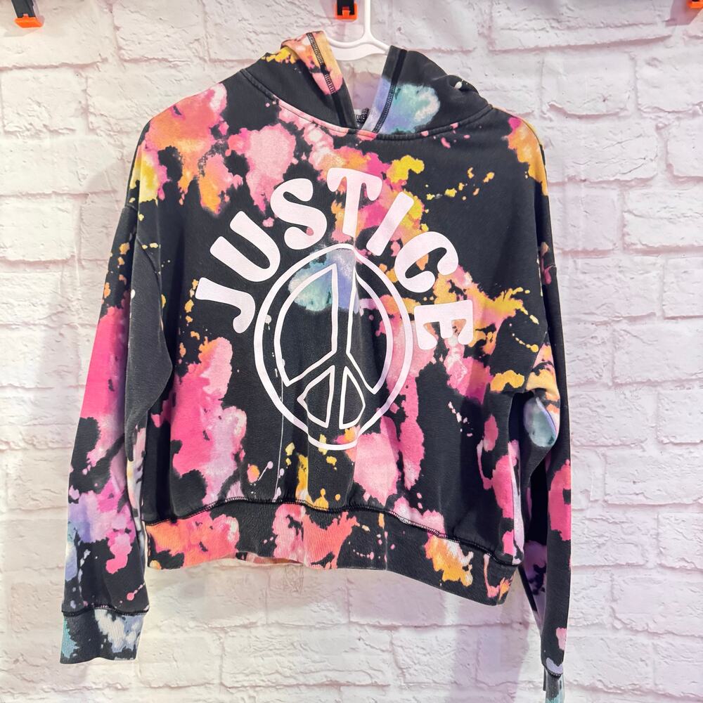Justice sz Youth L oversized, cropped black hoodie with neon paint splatters
